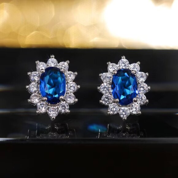 18k White Gold Blue Sapphire Diamond Earrings Oval Cut Earrings - Picture 2 of 2